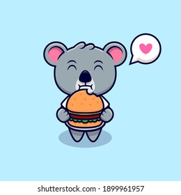 Cute Koala Love to Eat Burger Mascot Cartoon Vector Illustration. 