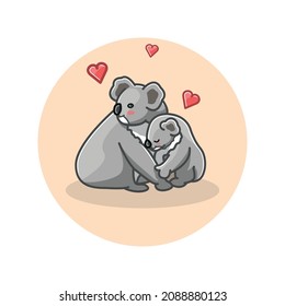 Cute koala lovely mom and baby vector illustration, flat design of koala bear animals outline circular icon isolated on white background.