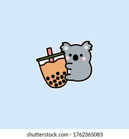 Cute koala loves bubble tea cartoon, vector illustration