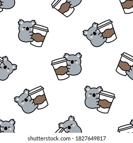 Cute koala loves coffee cartoon seamless pattern, vector illustration