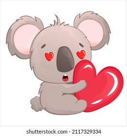 A cute koala with loving eyes sits and holds a red heart in her hands. Postcard in children's cartoon style. Vector illustration of a koala isolated on a white background for drawings and prints.