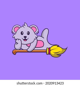 Cute koala lying on Magic Broom. Animal cartoon concept isolated. Can used for t-shirt, greeting card, invitation card or mascot.