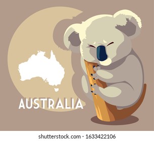 cute koala with map of australia in the background vector illustration design