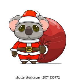 cute koala mascot, carrying red bundle bag and wearing santa claus costume, cute animal character wearing christmas costume, front view. kawaii and shiny style, perfect for christmas content