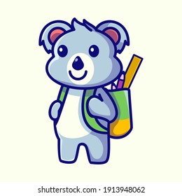 Cute Koala Mascot Design Vector Illustration. A Koala Brings School Tools In Bag. Recommended For Children Book, Book Cover, Child Education, And Other. Fun, Happy Outline Style.