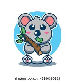 Cute koala mascot holding branches and leaves in his mouth.Beautiful Australian Animals Cartoon Character Vector Illustration.