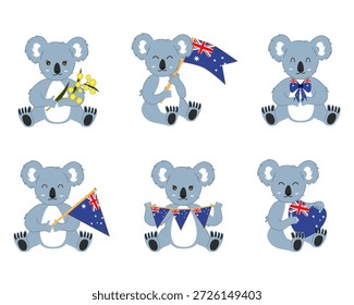 Lindo conjunto de mascotas Koala con símbolos de la bandera australiana y Golden Wattle