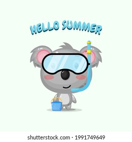 Cute koala mascot wearing diving gear with summer greetings