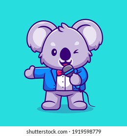 Cute Koala Master of Ceremony Holding Microphone Cartoon Vector Icon Illustration. Animal Music Icon Concept Isolated Premium Vector. Flat Cartoon Style