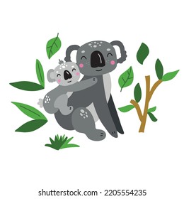 Cute koala Mom baby on rainbow illustration in scandinavian style. Childish print for nursery, kids apparel,poster, postcard. Vector Illustration