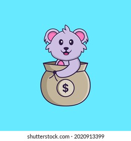 Cute koala in a money bag. Animal cartoon concept isolated. Can used for t-shirt, greeting card, invitation card or mascot.