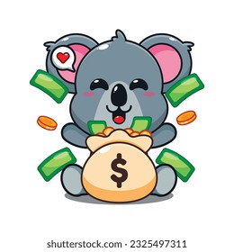cute koala with money bag cartoon vector illustration.