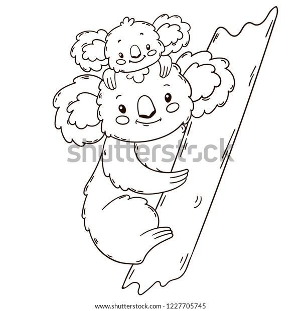 Cute koala mother and baby. Black and white outline illustration