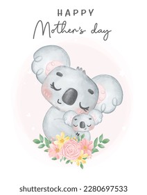 Cute Koala Mother and Baby Cartoon Watercolor Illustration. Perfect for nursery art, baby shower invitations, and Mother's Day creations