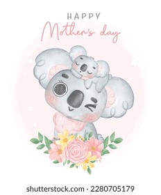 Cute Koala Mother and Baby Cartoon Watercolor Illustration. Perfect for nursery art, baby shower invitations, and Mother's Day creations