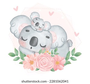Cute Koala Mother and Baby Cartoon Watercolor Illustration. Perfect for nursery art, baby shower invitations, and Mother's Day creations