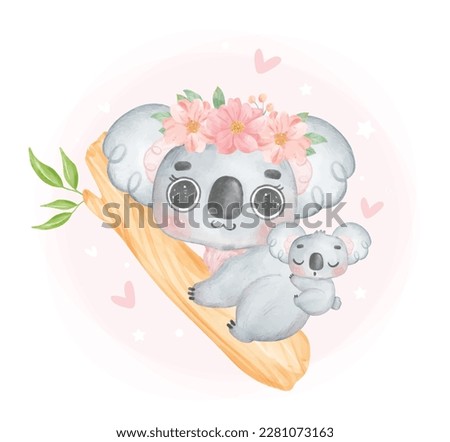 Cute Koala Mother and Baby Cartoon Watercolor Illustration. Perfect for nursery art, baby shower invitations, and Mother's Day creations