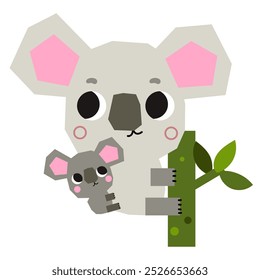 Cute koala mother and baby on a eucalyptus bamboo tree branch cartoon character clipart illustration.