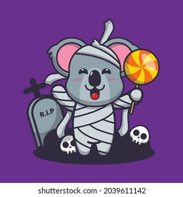 cute koala mummy cartoon illustration.cute halloween cartoon vector illustration. Vector isolated flat illustration for poster, brochure, web, mascot, sticker, logo and icon.