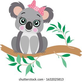 Cute koala on bamboo branch with green leaves
