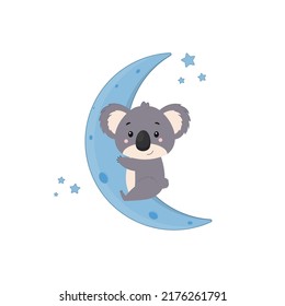 Cute koala auf blauem Mond. Koala auf weißem Hintergrund. Vektorgrafik für Designs, Ausdrucke und Muster.