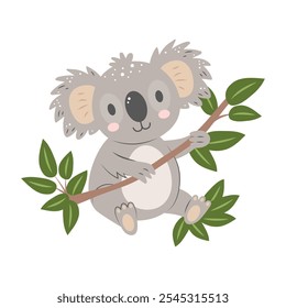 Cute koala on a branch isolated on white background. Cartoon nursery art baby character.