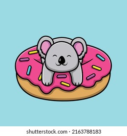 Cute Koala On Doughnut Cartoon Vector Icon Illustration. Animal Food Icon Concept Isolated Premium Vector.