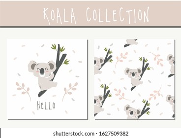 Cute koala on a eucalyptus branch, isolated wind and geometric seamless pattern set. For printing on children's textiles, postcards, holiday packaging.