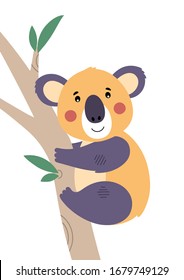 Cute koala on eucalyptus branch. Poster for baby room. Childish print for nursery. Design can be used for fashion t-shirt, greeting card, baby shower. Vector illustration.