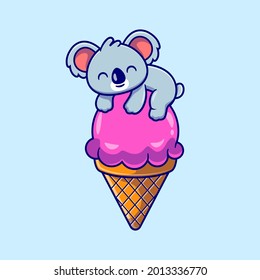 Cute Koala On Ice Cream Cone Cartoon Vector Icon Illustration. Animal Food Icon Concept Isolated Premium Vector. Flat Cartoon Style