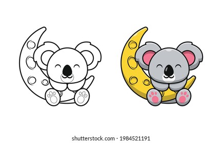 Cute koala on moon cartoon coloring pages for kids