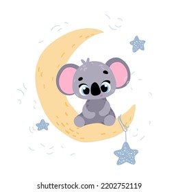 Cute koala on moon. Vector print for children room, fabric, paper, greeting card, postcard, card, t shirt, poster, textile. Vector illustration