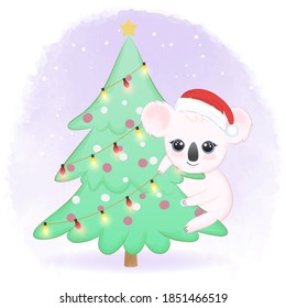 Koala de cuchara en un pino en invierno ilustración de acuarela animal de temporada de invierno