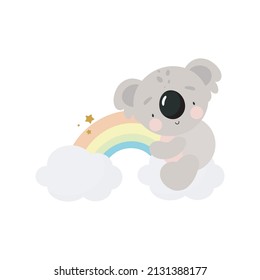 Cute Koala on a Rainbow. For kids stuff, card, posters, banners, books, printing on the pack, printing on clothes, fabric, wallpaper, textile or dishes. Vector illustration.