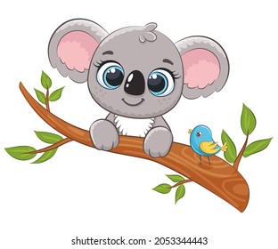 Cute koala on a tree with a bird. Vector illustration of a cartoon.