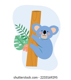 Cute koala on a tree branch with tropical leaves and flowers. Cartoon vector illustration. Can be used for nursery and kids wall art, t-shirt print.