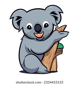 Cute Koala on tree branch isolated on white background. Flat Vector illustration