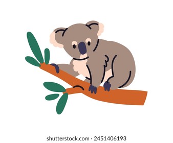 Lindo koala en la rama del árbol. Adorable oso bebé aferrándose a la rama. Carácter exótico tropical australiano de la fauna. Cachorro de animales salvajes. Ilustración vectorial plana infantil de los niños aislada sobre fondo blanco