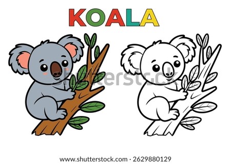 Cute koala on a tree branch coloring page – black and white + full color version included.








