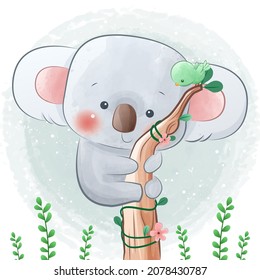 Cute koala on a tree with brid