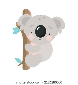 Cute koala on a tree. Cartoon style. Vector illustration. For kids stuff, card, posters, banners, children books, printing on the pack, printing on clothes, fabric, wallpaper, textile or dishes.