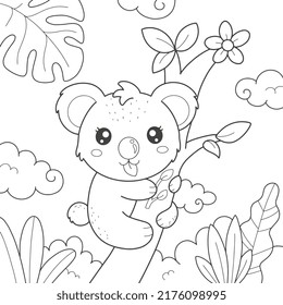 Cute Koala on the tree cartoon coloring page