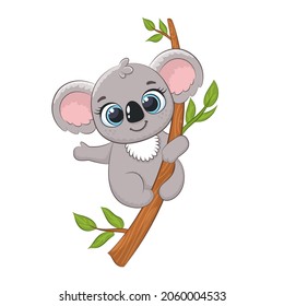 Cute koala on a tree. Vector illustration of a cartoon.