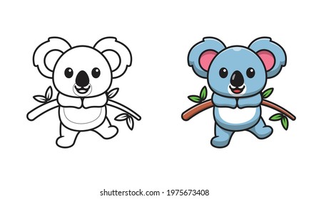 Cute koala on wood cartoon coloring pages