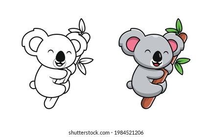 Cute koala on wood cartoon coloring pages for kids