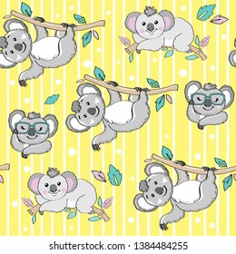 Cute koala on a yellow background seamless pattern