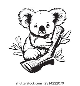 Cute koala over wall cartoon, vector illustration, black and white
