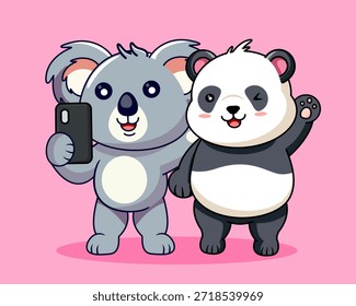 Bonitos amigos Koala e Panda fazendo um design de desenho animado de ilustração de vetor