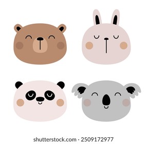 Cute koala, panda, grizzly bear, bunny rabbit set. Kawaii cartoon character. Funny face head. Happy Valentines Day. Childish style. Sticker print. Greeting card. White background. Flat design. Vector