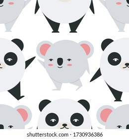 Cute Koala and Panda seamless vector pattern, Koala and Panda vector illustration for kids in flat style